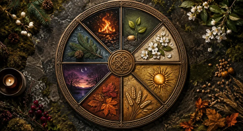 Eight-part Celtic Wheel of the Year represented by seasonal natural symbols