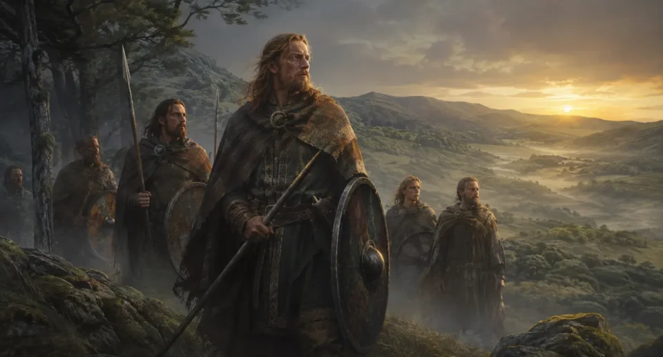 Fionn mac Cumhaill leading the Fianna through a misty Irish landscape